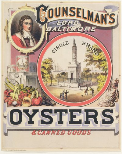Cartaz publicitário Counselmans Lord Baltimore Circle Ostras e produtos enlatados de American School