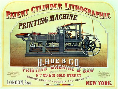 Máquina de Impressão Litográfica de Cilindro de Patentes para Publicidade em Cartazes, R. Hoe & Co., Londres e Nova Iorque de American School