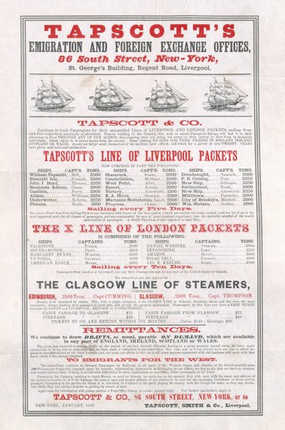 Cartaz publicitário Tapscotts Escritórios de Emigração e Câmbio, Nova York, janeiro de 1859 de American School