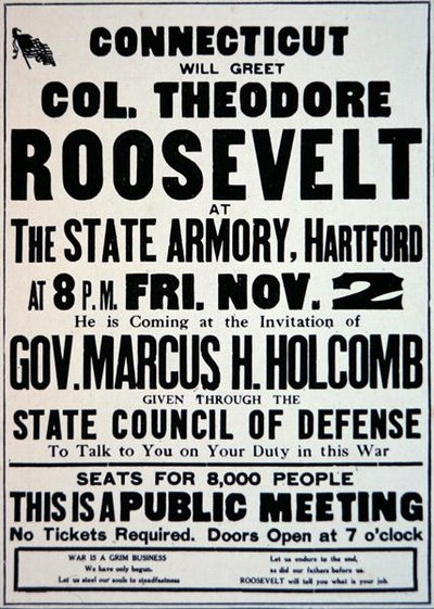 Cartaz anunciando uma reunião para os apoiadores da entrada da América na Primeira Guerra Mundial de American School