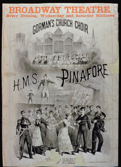 Cartaz para HMS Pinafore, realizado pelo Coro da Igreja de Gormans no Teatro da Broadway de American School