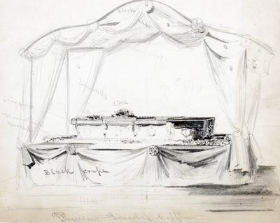 Presidente Abraham Lincolns Coffin Deitado no Estado na Casa Branca, Washington DC, abril de 1865 (lápis, tinta e papel) de American School