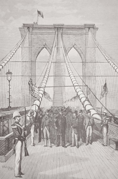 O Presidente Chester A. Arthur na cerimónia de abertura da nova Ponte do Brooklyn, 24 de Maio de 1883 (litho) de American School