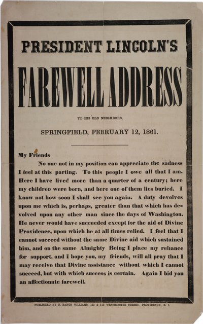 Presidente Lincolns Despedida Discurso aos seus antigos vizinhos, Springfield, 12 de fevereiro de 1861 de American School