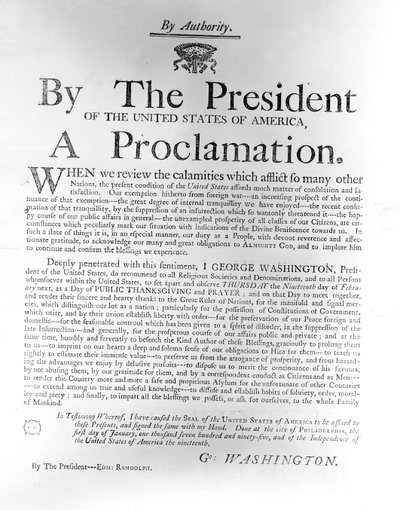 Proclamação do Presidente George Washington (1732-1799), separando quinta-feira, 19 de fevereiro, como dia de Ação de Graças e Oração Pública, 1795 (papel de jornal) de American School