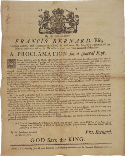 Proclamação em nome de Francis Bernard, Governador da Baía de Massachusetts: anunciando um dia de jejum durante a Guerra Francesa e Indiana, 8 de abril de 1761 de American School