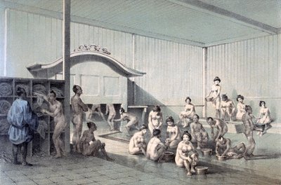 Banho público em Simoda, 1856 (aquatinta colorida) de American School