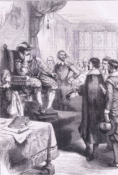 Puritanos perante James I, ilustração de Cassell