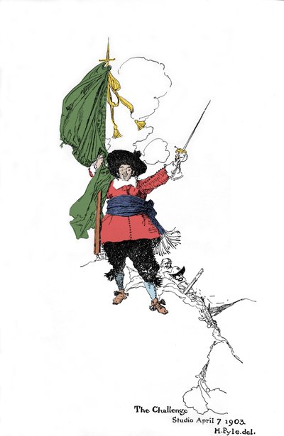 Representação de um pirata lançando um desafio - No "Livro dos Piratas Bucaneiros e Maroonheiros do Principal Espanhol" de Howard Pyle (1853 - 1911), ilustrador americano - 1903 de American School