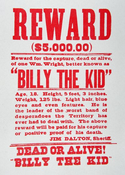 Poster de Recompensa para Billy the Kid (1859-81) (litho) de American School