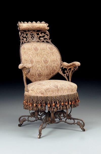 Poltrona centrípeta pintada em ferro fundido dourado, Rococó Revival, fabricada pela American Chair Company, Nova York, c.1850 de American School