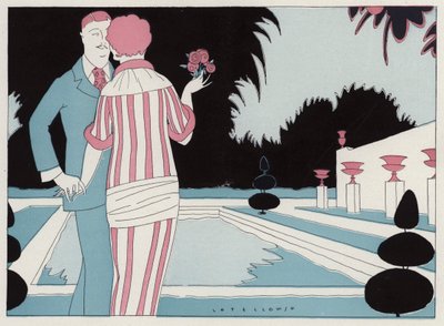 Casal romântico de mãos dadas junto à piscina, uma cena do conto "Prospective Honeymooners" de J. A. Waldron (litografia a cores) de American School