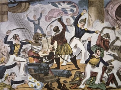 Marinheiros da Marinha Real a bordo do navio pirata Algerine, c.1820 (cor litho) de American School