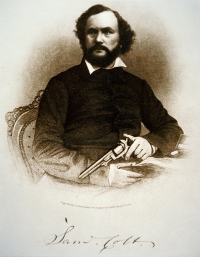 Samuel Colt segurando um dos seus revólveres de percussão (gravura) de American School