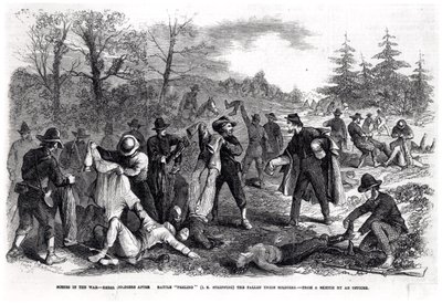 Cenas na Guerra: Soldados Rebeldes após a Batalha "Peeling" (ou seja, Decapagem) dos Soldados da União Caídos, a partir de um esboço de um oficial (gravura) (foto bundw) de American School