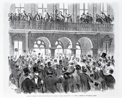 Secession Meeting em Frente à Mills House, Meeting Street, Charleston, South Carolina, c.1860 (gravura) (foto p - b) de American School