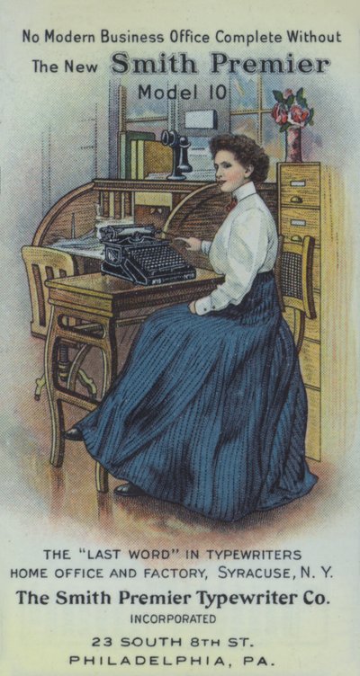 Secretária no escritório, com a nova máquina de escrever Smith Premier (litografia a cores) de American School