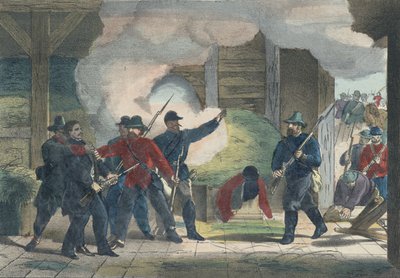 Apreensão e morte do assassino Wilkie Booth, c.1865 (impressão colorida) de American School
