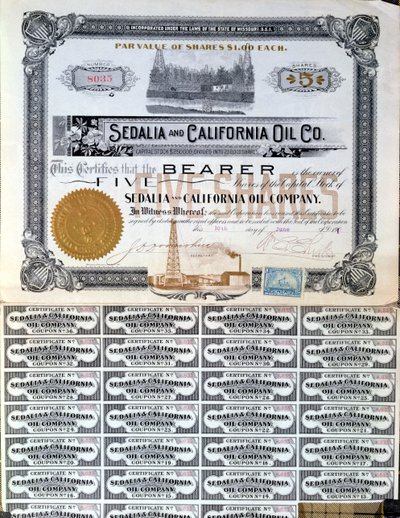 Certificado de Ações para a Sedalia e a Companhia de Petróleo da Califórnia, EUA, 1901 de American School