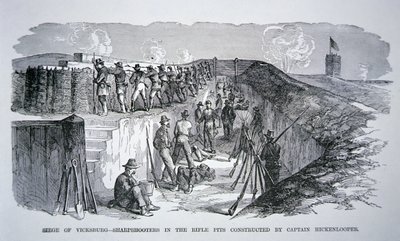 Cerco de Vicksburg - Atiradores de elite nos poços de rifle construídos pelo General Hickenlooper (gravura) de American School