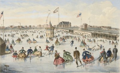 A patinar no Union Pond, pub. 1863 (cor litho) de American School