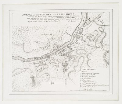 Esboço da escaramuça em Petersburgo: entre o Exército Real sob o comando do Major Gel. Phillips e o comando do exército americano pelo Major Genl. Steuben, no qual este último foi derrotado, 25 de Abril de 1781. de American School