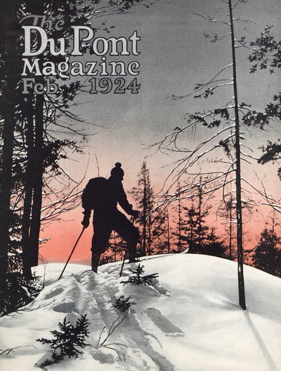 Esqui, capa da revista DuPont, fevereiro de 1924 de American School