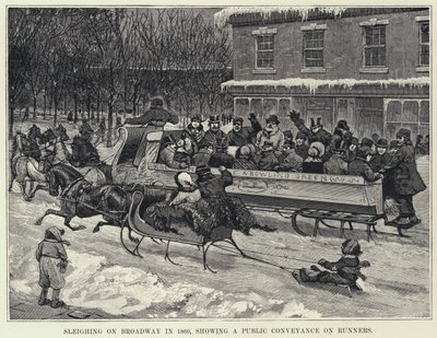 Sleighing on Broadway em 1860, mostrando um transporte público em corredores (litho) de American School