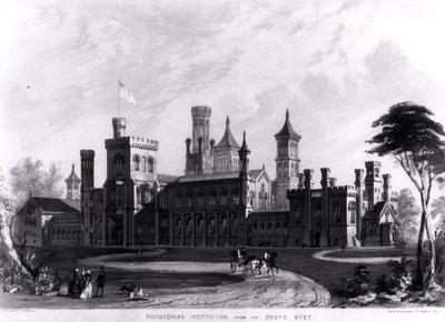 Smithsonian Institution, do Sudoeste, de "Hints on Public Architecture" de Robert D. Owen, gravado por Sarony und Major, 1849 de American School