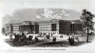 Frentes Sul e Oeste da Extensão do Tesouro, da &39;New Monthly Magazine&39; de Harper, 1859 de American School