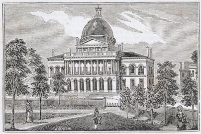 Vista do sul da casa do estado em Boston na rua de Beacon, de "coleções históricas de Massachusetts", por John Warner Barber, gravado por SE Brown, 1839 de American School