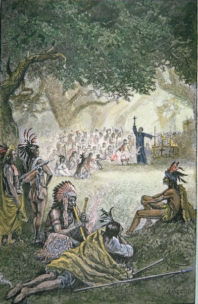 Missionários Jesuítas espanhóis que converteram nativos americanos na Califórnia no século XVII (cor litho) de American School