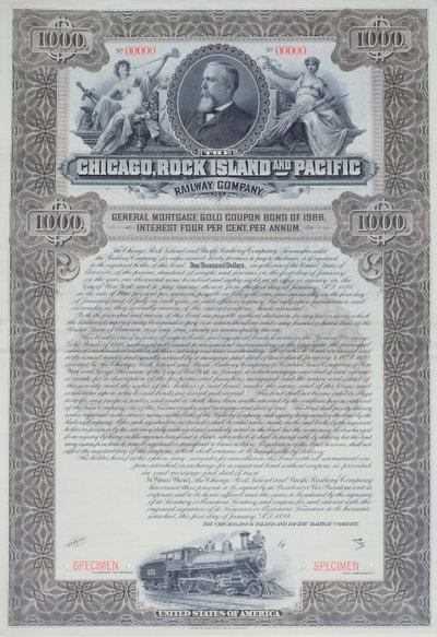 Certificado de título de espécime para 1000 dólares para a Chicago, Rock Island e Pacific Railway Company, 1898 de American School