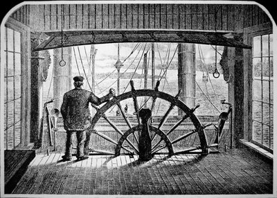 Piloto de barco a vapor na casa do leme, c.1870 (gravura) de American School