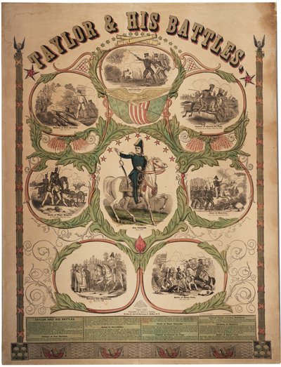 Taylor e suas batalhas, impressas por Rufus Blanchard de Cincinnati e publicadas por Ensign & Thayer, Nova York, 1847 de American School