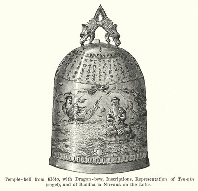 Sino do Templo de Kioto, com Arco-Dragão, Inscrições, Representação do Dez-Nin, anjo, e de Buda no Nirvana no Lótus (gravura) de American School