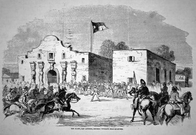 O Forte do Álamo em San Antonio, sede do General Federal Twiggs (1790-1862) (litho) de American School