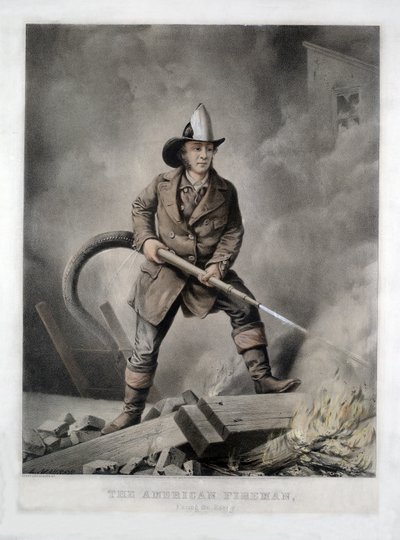 O Bombeiro Americano, Enfrentando o Inimigo, pub. 1858 (litho colorido à mão) de American School