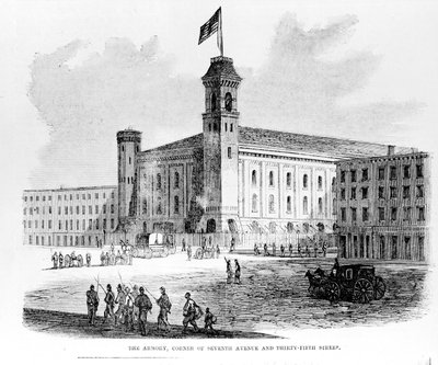 O arsenal, esquina da Sétima Avenida e rua trinta e cinco, cena dos tumultos Draft em Nova York, 1863 de American School