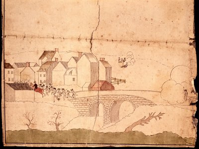 A batalha de Lexington e Concord (caneta e tinta e wc no papel) de American School