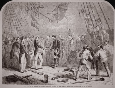 O Comte de Grasse entrega a sua espada a Samuel Hood na "Ville de Paris". de American School