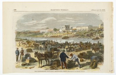 The Confederates Evacuating Brownsville, Texas, c. 1864 (litografia colorida à mão sobre papel de pasta de madeira tecida) de American School