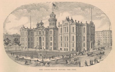 O Court-House before the Fire, impresso pela Moss Engraving Co., Nova York, ilustração da History of Chicago vol. 2 de Alfred Theodore Andreas, publicado em 1885 de American School