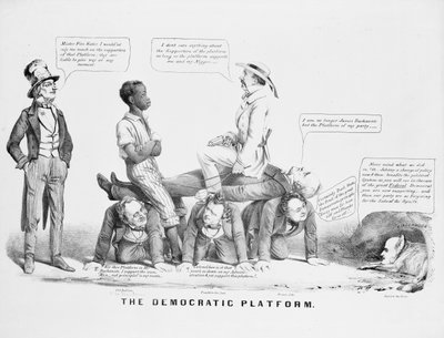 Caricatura política "A Plataforma Democrática" comentando sobre a posição do Partido Democrata sobre a escravidão, c.1856 de American School