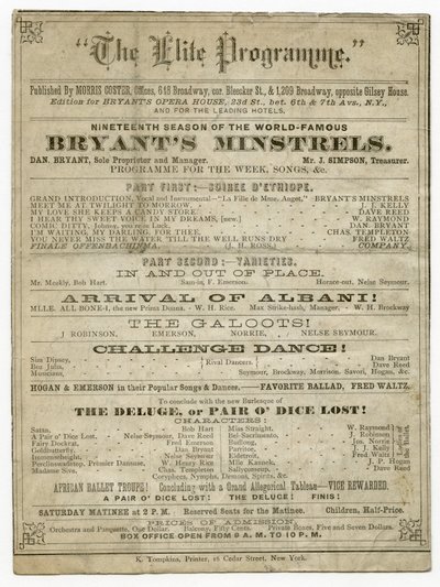 O Programa de Elite para Bryants Opera House, publicado por Morris Coster de American School