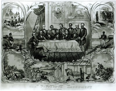 A Décima Quinta Emenda, assinada pelo Presidente Ulysses S. Grant (1822-85) Março de 1870 (litho) (foto a preto e branco) de American School