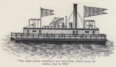 "O Primeiro Ferryboat a Vapor foi o Over, que fez a sua Viagem Inicial em 1812" (litho) de American School