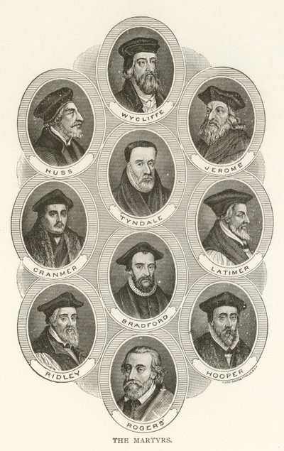 Os Mártires, Wycliffe, Huss, Jerônimo, Tyndale, Cranmer, Latimer, Bradford, Ridley, Hooper, Rogers de American School
