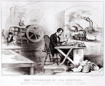 O progresso do século: A imprensa do vapor do relâmpago, o telégrafo elétrico, a locomotiva e o barco a vapor, bar. por Currier & Ives, 1876 de American School