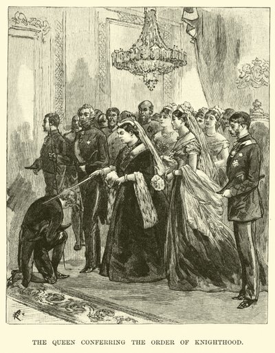 A rainha conferindo a ordem de cavalaria de American School